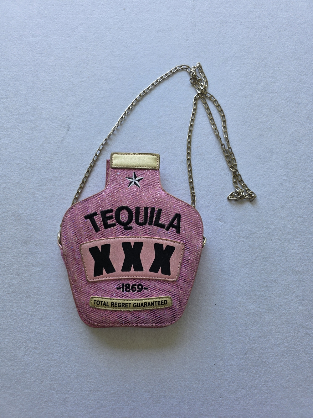 Pink Tequila Bottle Novelty Crossbody Glittery Pink Bag